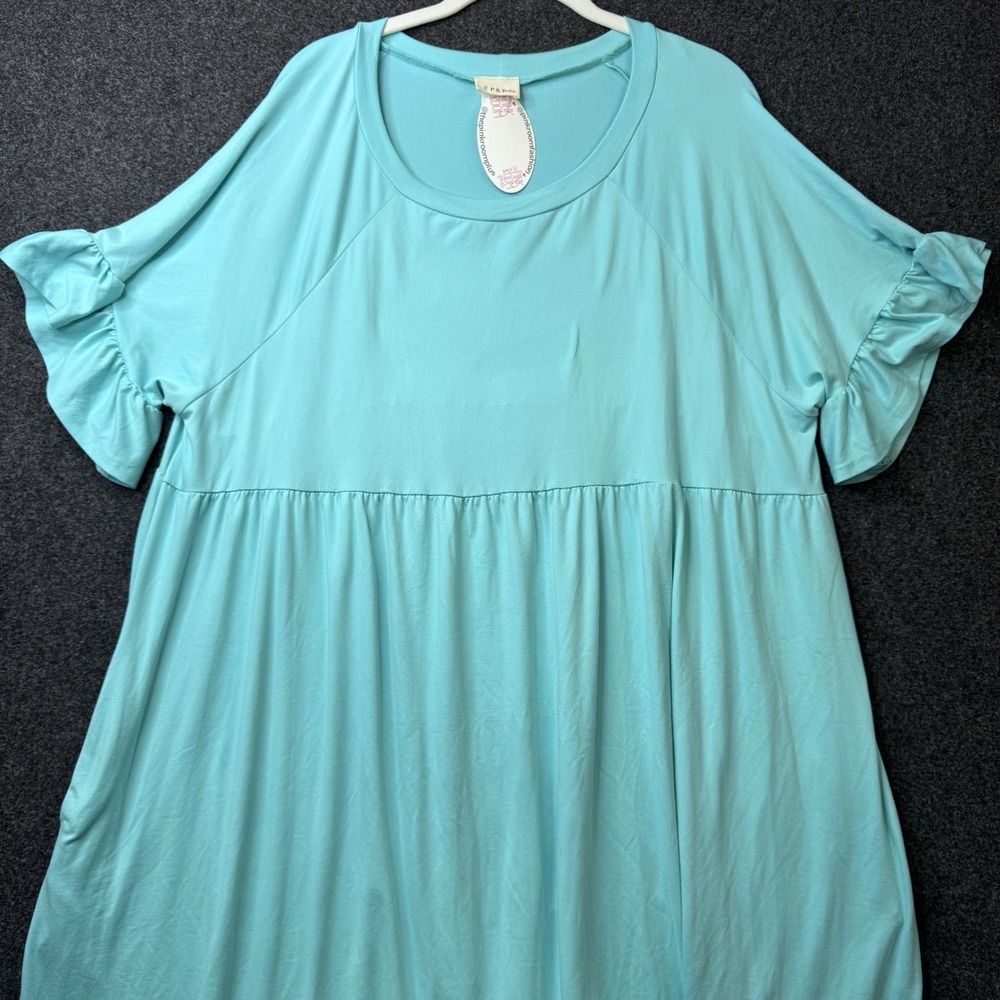 P & Rose Womens 2X Aqua Blue Babydoll Dress Ruffle Sleeve Stretch Plus Size NWT